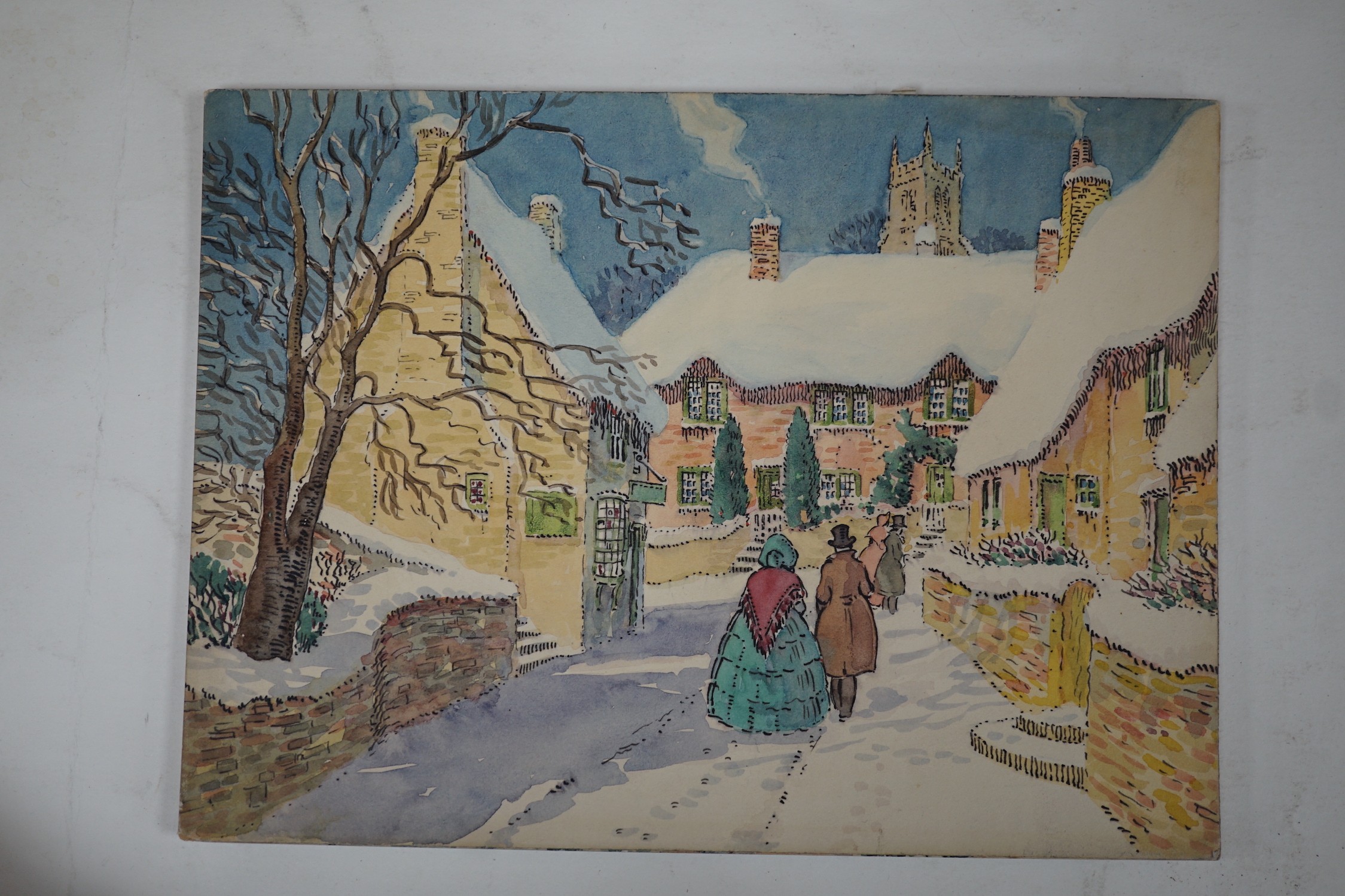 Maurice Wheatcroft, six ink and watercolour original greeting card designs, Victorian winter scenes, 19 x 27cm, unframed